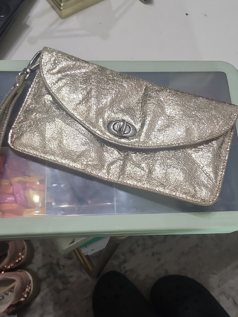 Sorial New York Metallic Gold Leather Wristlet Clutch Euc